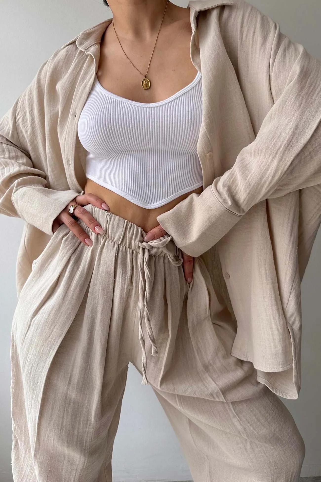 Maxct Lapel Long Sleeve Shirt Strappy Long Pants Suits