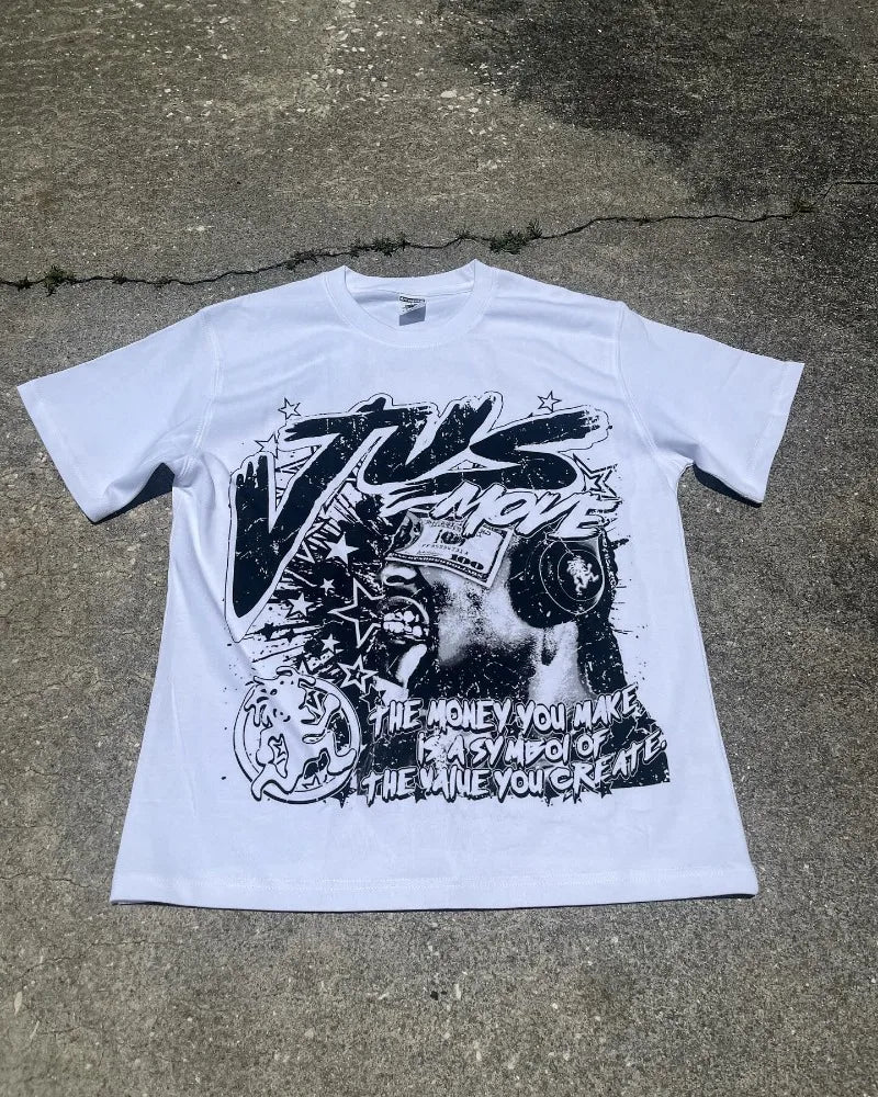 Maxct Retro trendy rock letter pattern printed oversized short-sleeved T-shirt men's fashion Harajuku loose versatile round neck shirt