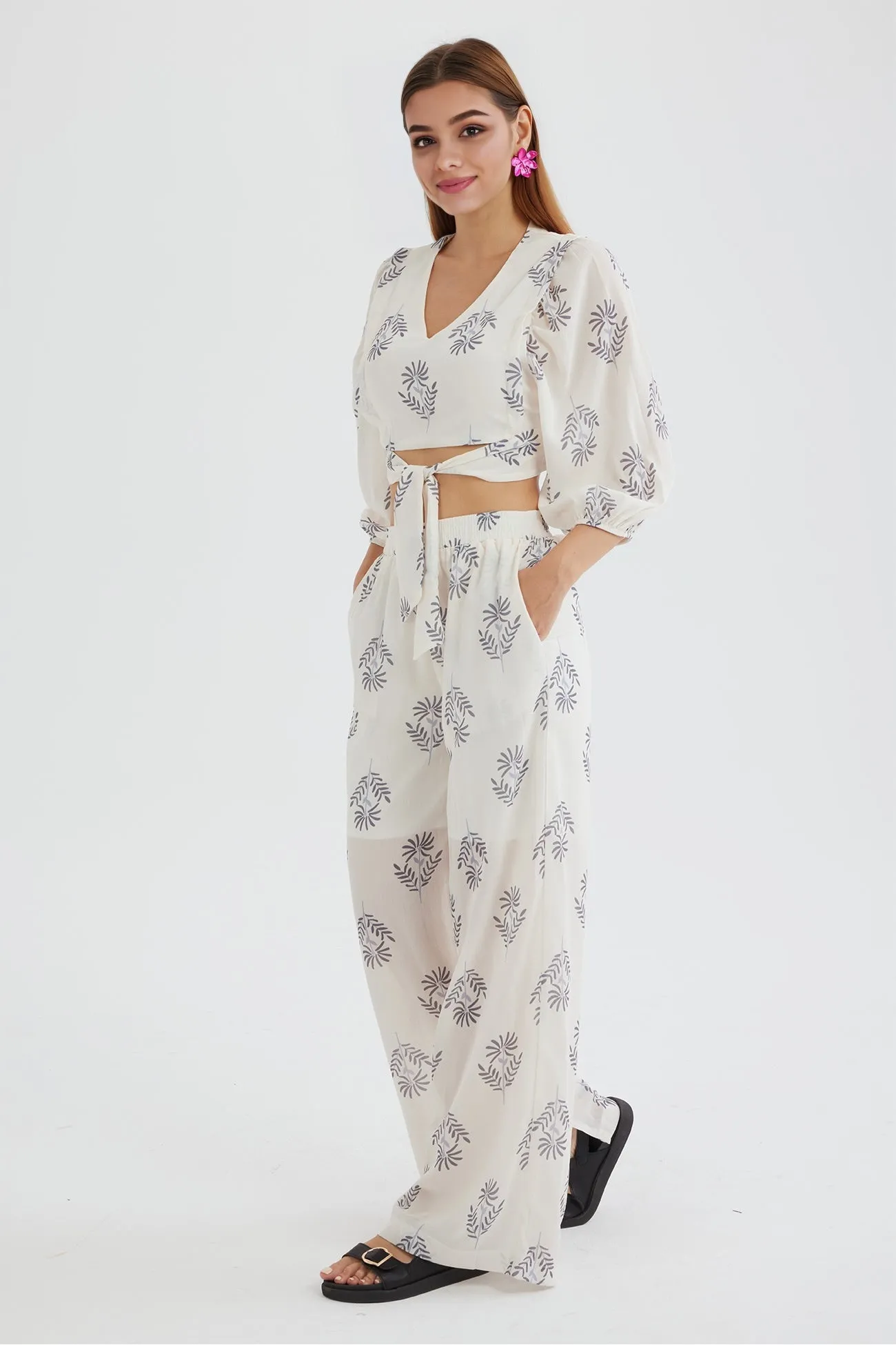 Maxct Floral Print Puff Sleeve Knotted-front Tops Long Pants Suits