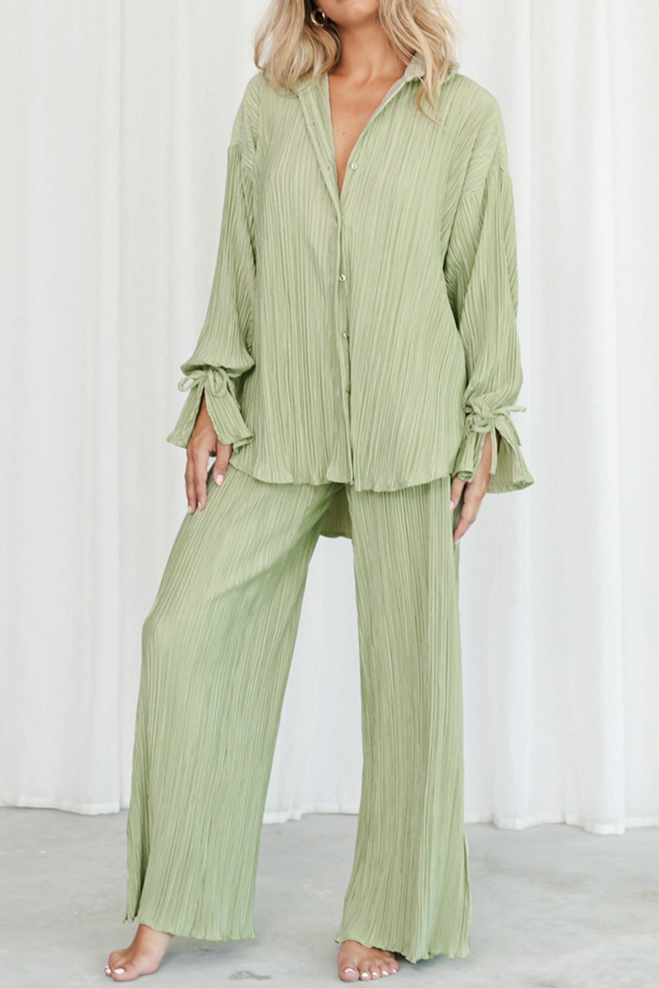 Maxct Pleated Blouse Slit Long Pants Set