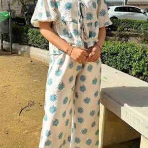 Maxct Printed Lace Up Tops Wide Leg Pants Set
