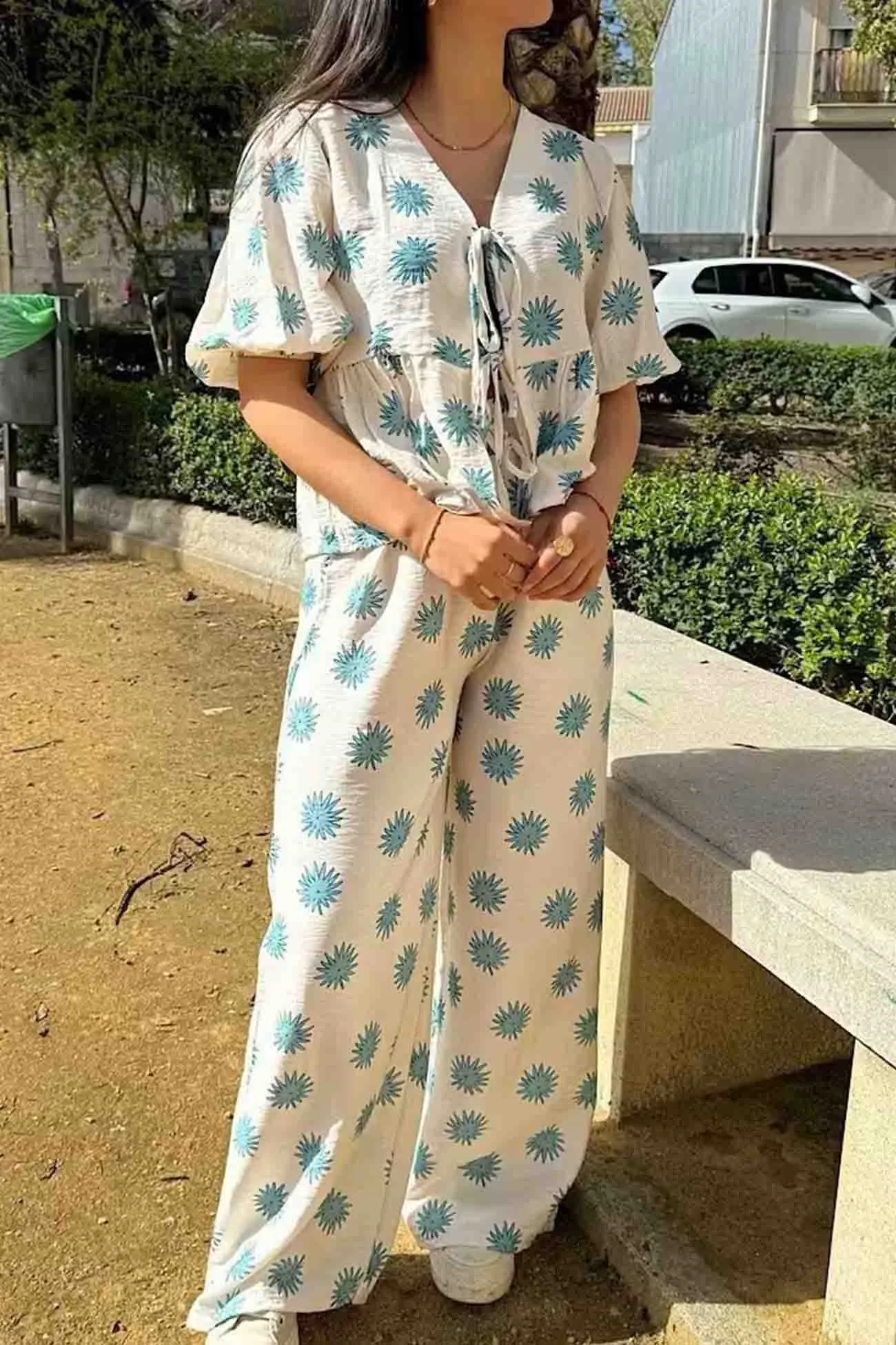 Maxct Printed Lace Up Tops Wide Leg Pants Set