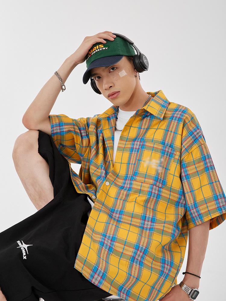 Maxct 90s Streetwear Fashion Retro Contrast Color Plaid Shirt Women's Summer New Letter Embroidered Design Casual Half Sleeve Coat Top