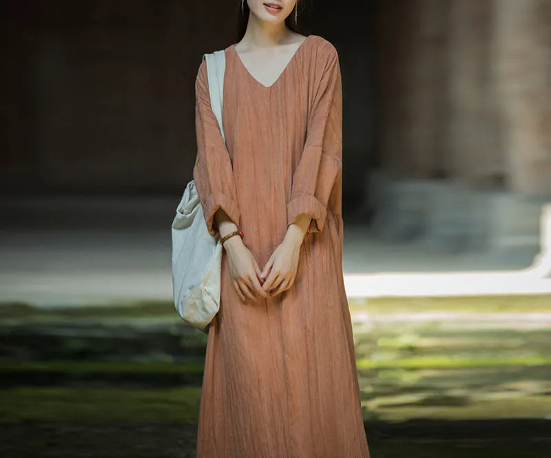 Women Casual Spring Tie-Dye V-Neck Ramie Cotton Midi Dresses
