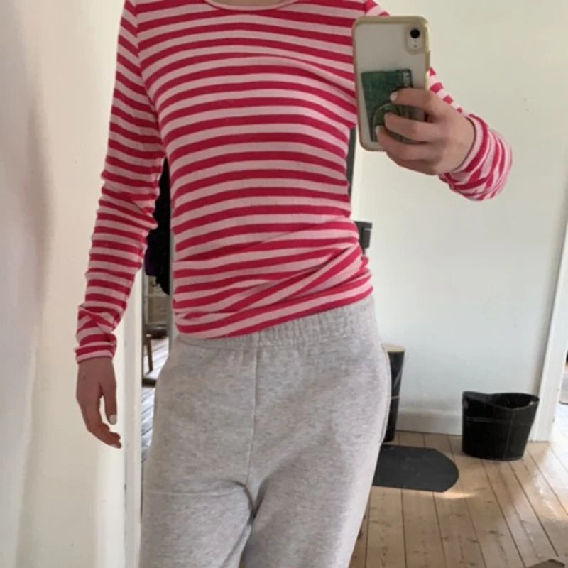 Maxct Vintage Preppy Style Y2K Crop Tops Clothes Cottage Striped Rib Knitted T-shirt Women Long Sleeve Casual Basic Tees Pullovers