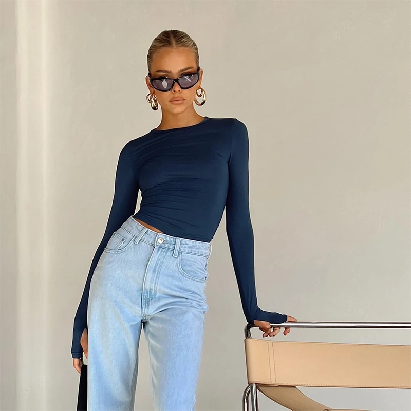 Female Korean Fashion Crop Tops Women Long Sleeve T-Shirts Solid Color O Neck Slim Fit Casual Basic Tees Going Out Outfits