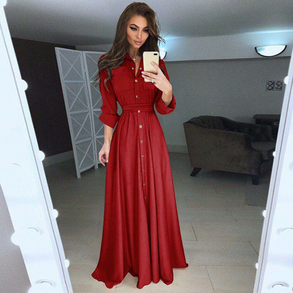 Maxct Shirt Button Down Dress Womens Long Sleeve Formal Long Maxi Evening Party Tunic S-3XL