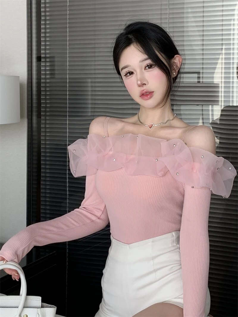 Maxct Neck T Shirts Girls Patched Beading Ruffles Stretch Tshirt Top Women Spring Summer Slim Tees