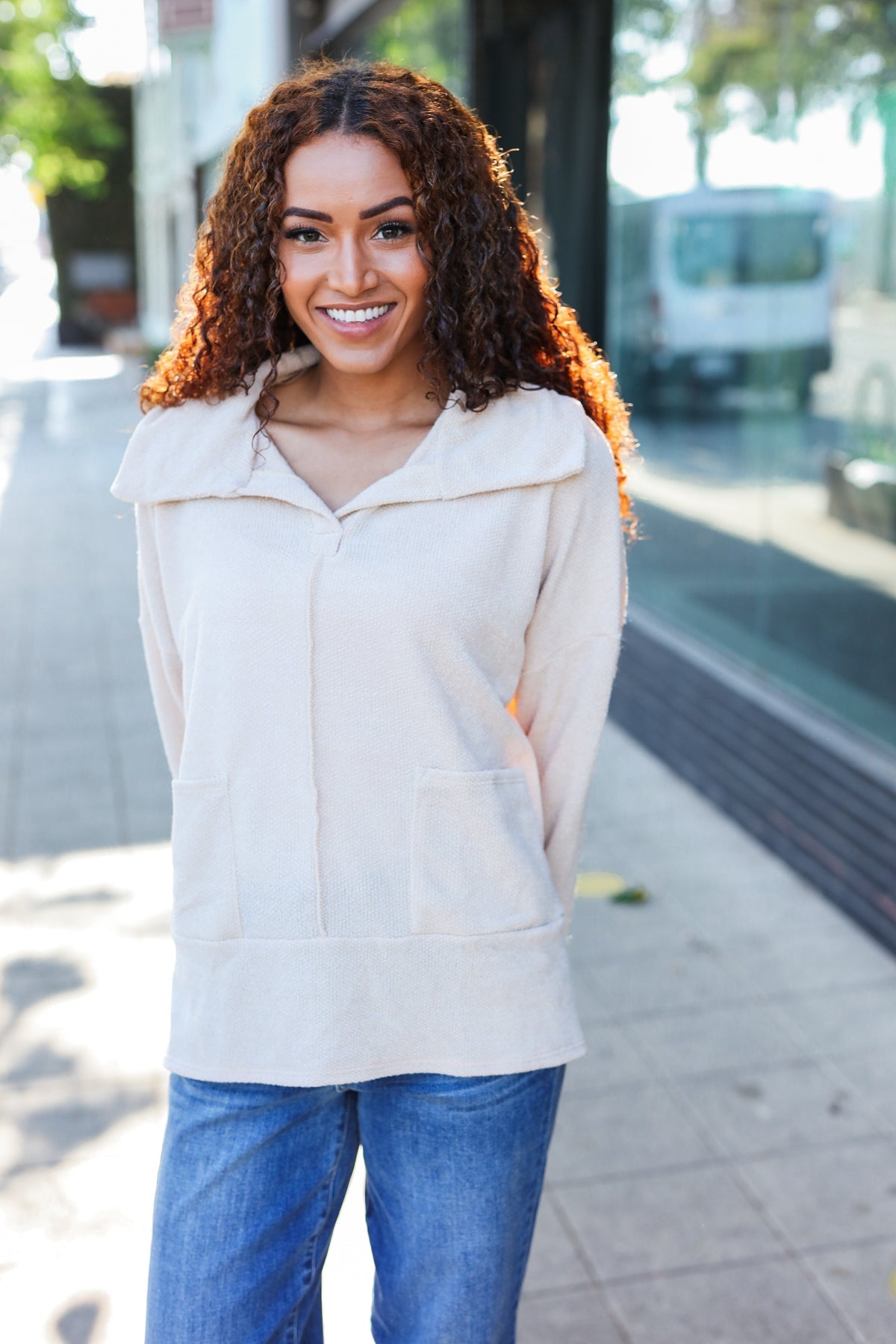 Maxct &Easy Living Oatmeal Textured Knit Notch Neck Oversized Collar Sweater
