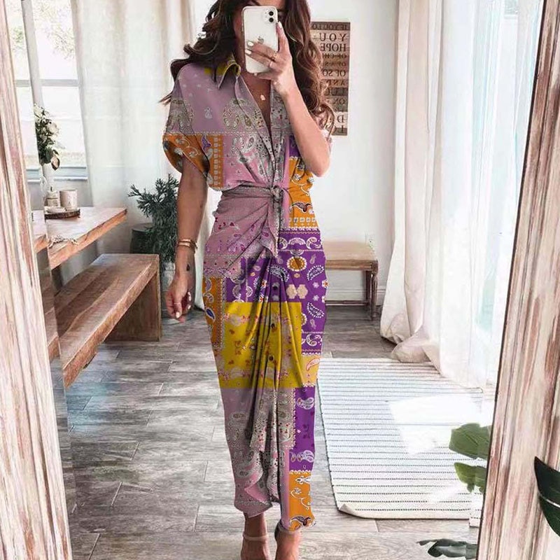 Maxct Short Sleeve Spring Dresses Fashion Summer Turn-down Collar Women Party Dress Elegant Button Office Lady Shirt Dress