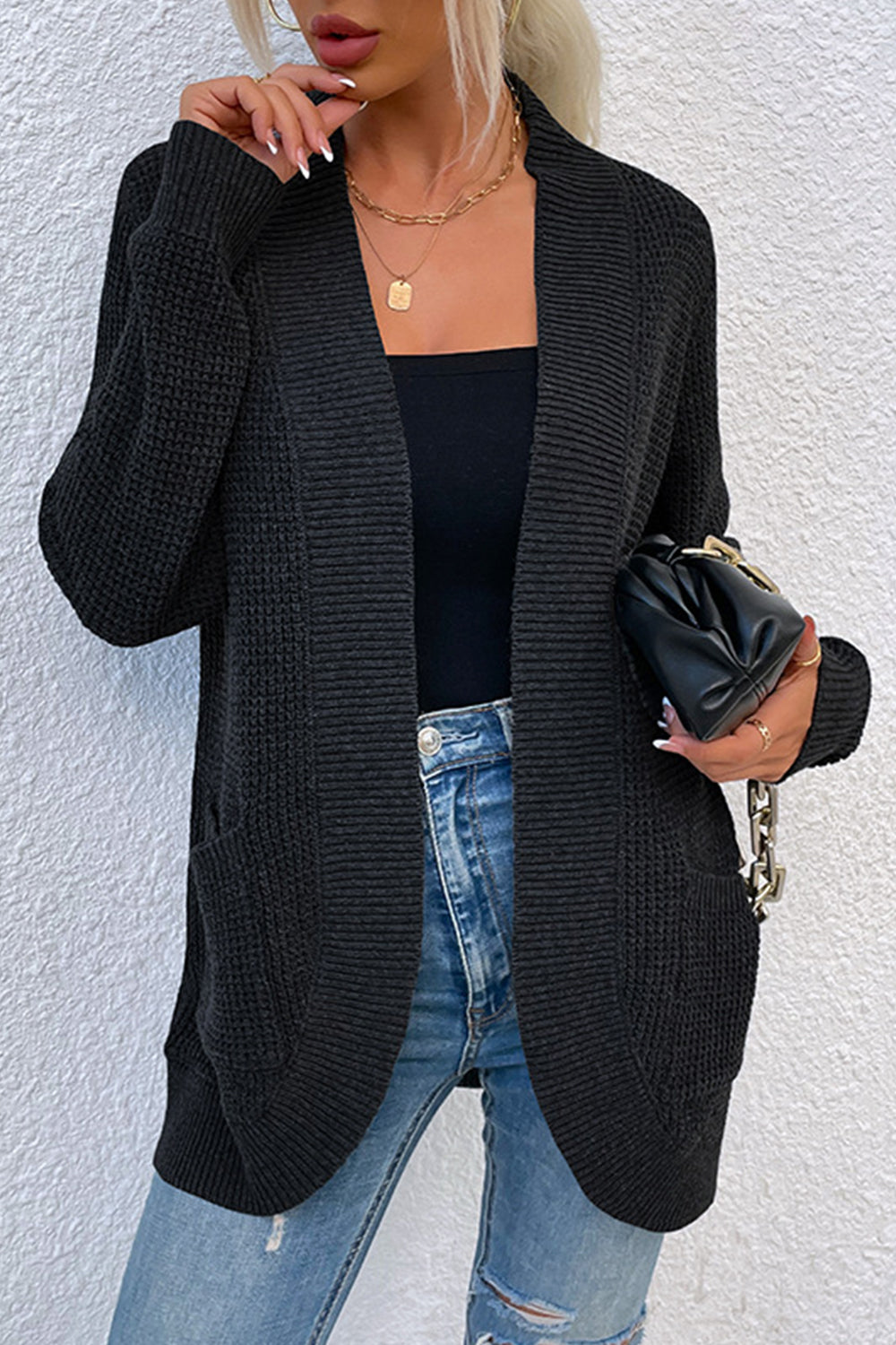 Maxct &Open Front Rib-Knit Cardigan with Pockets