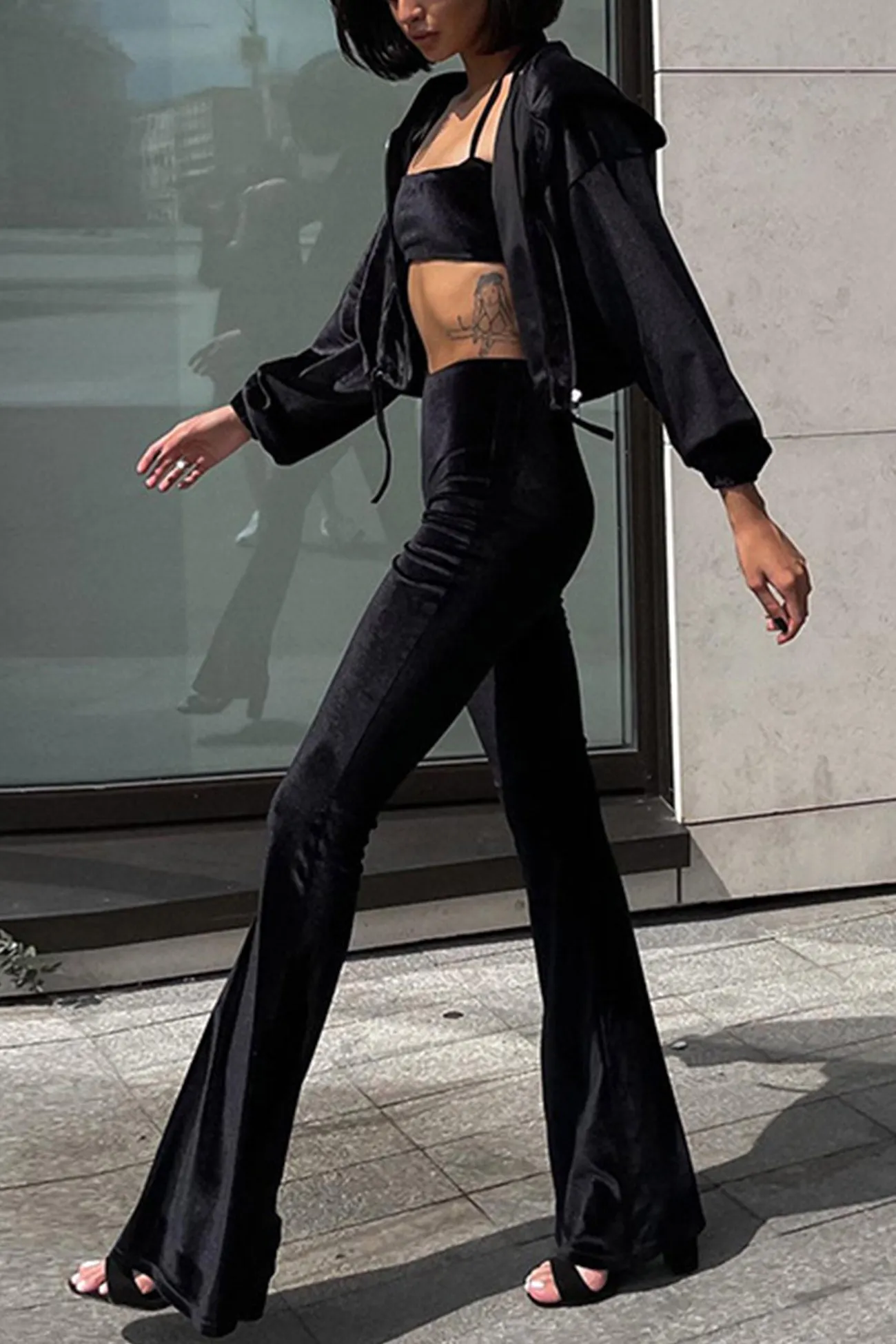 Maxct Velvet Tie-back Vest Hoodie Three-piece Pants Suits