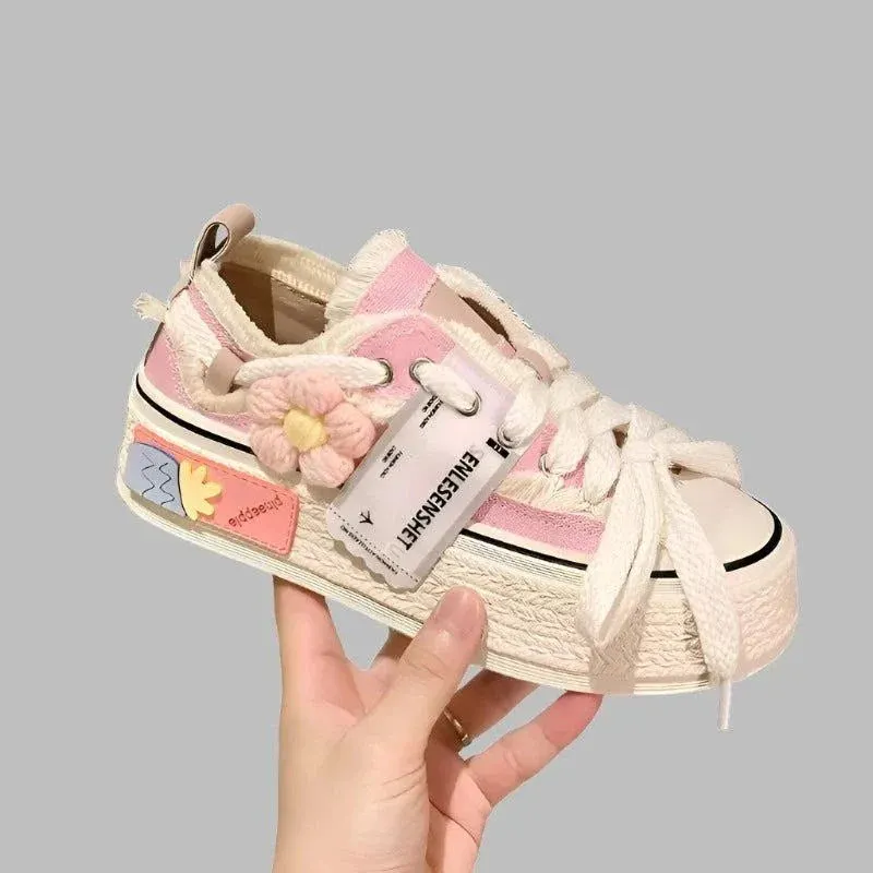 Lace-Up Women's Platform Sneakers Flower Design for Teens Maxct