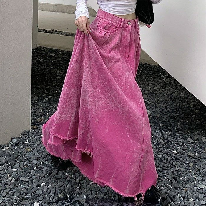 Pink Distressed Denim Maxi Skirt Maxct