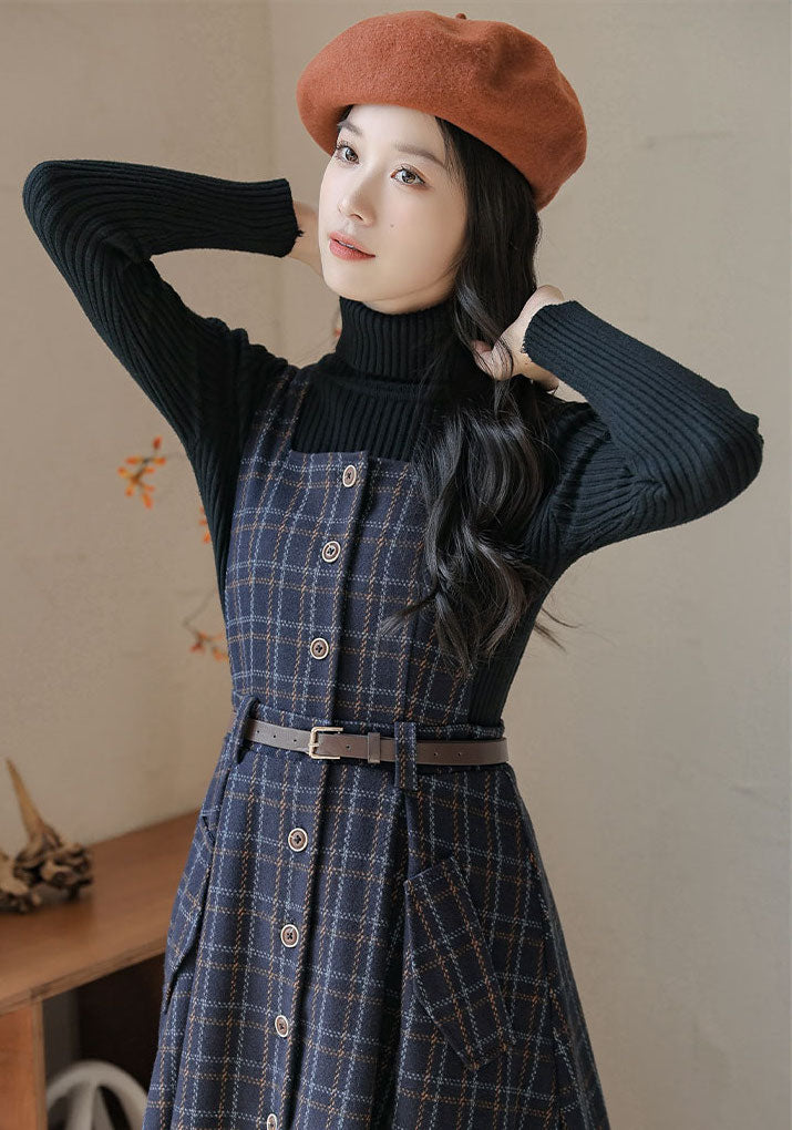 Button Up Plaid Pinafore Dress Maxct