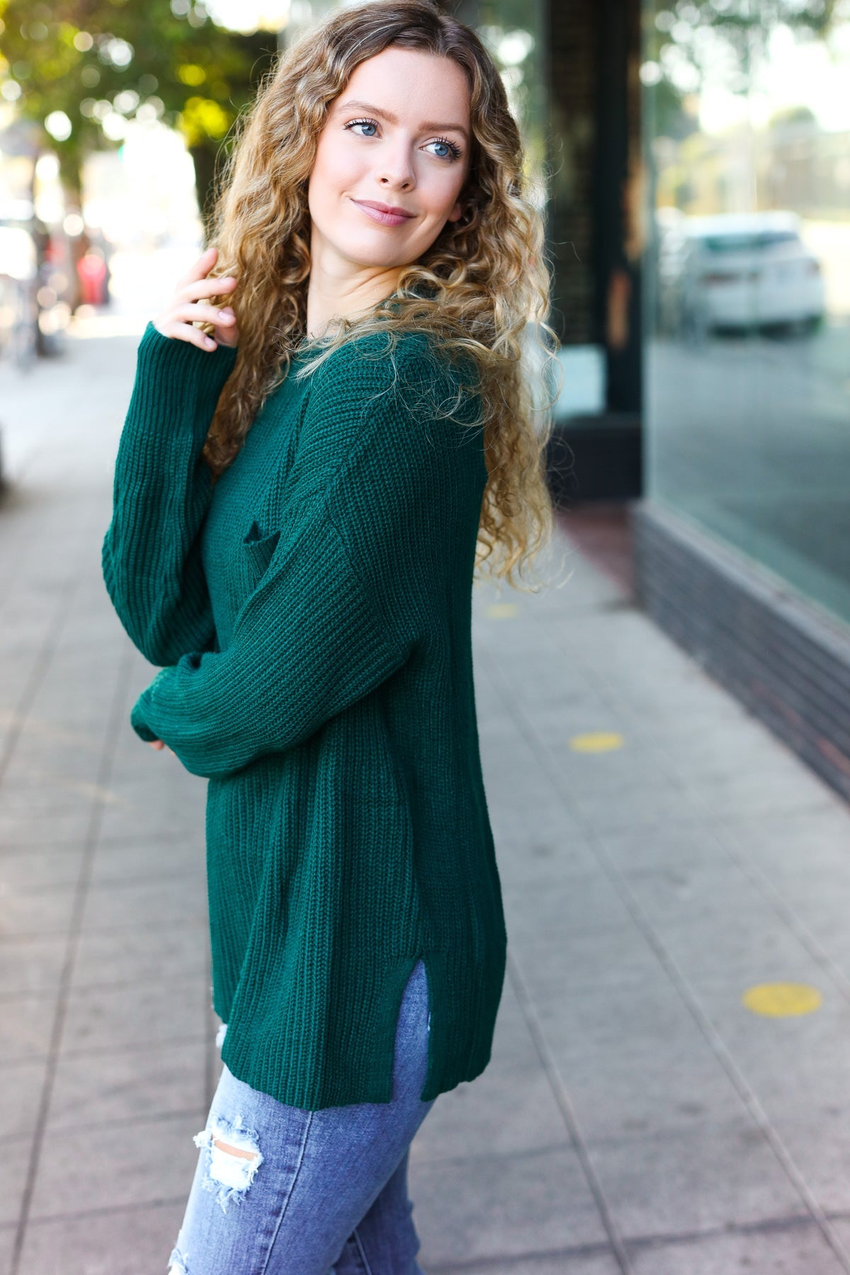 Maxct &Classy Chic Hunter Green Mock Neck Chest Pocket Knit Sweater