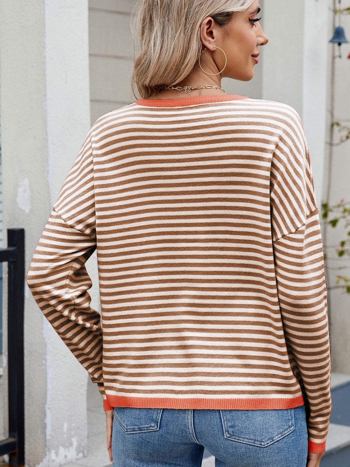 Maxct &Striped Contrast Round Neck Long Sleeve Sweater