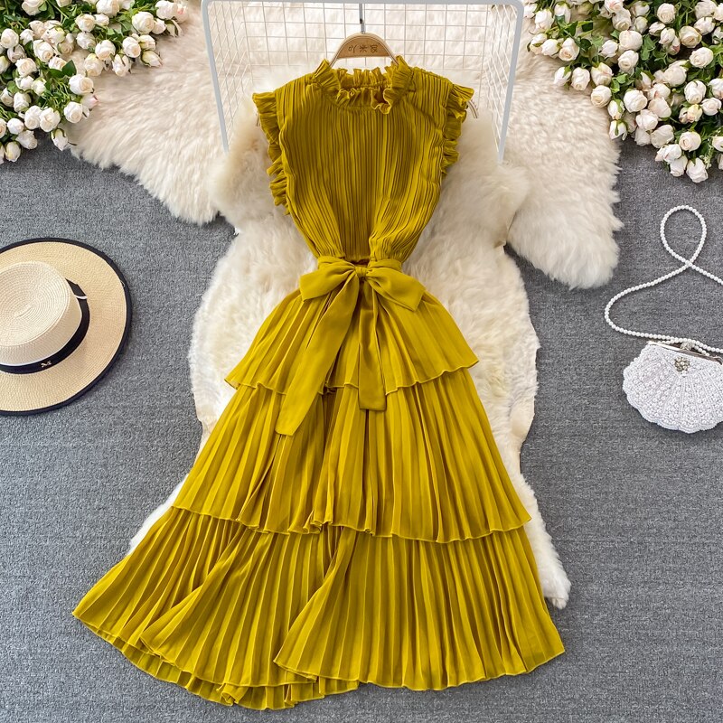 Women's Purple/Pink/Green Draped Dress Vintage Ruffle Stand Collar Sleeveless High Waist Party Pleated Vestidos Female New