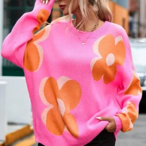 Maxct &Flower Round Neck Dropped Shoulder Sweater