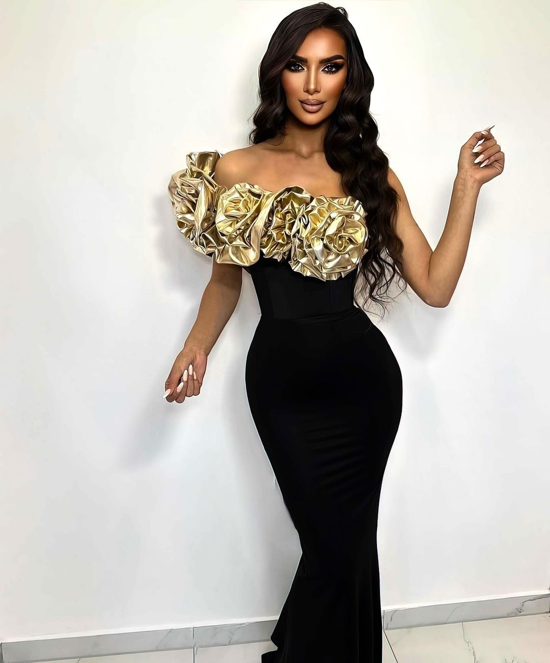 Maxct Cross Border Women Bandage Dress Evening Dress Golden Flower Slant Shoulder Dress High Purple Banquet Bandage Dress