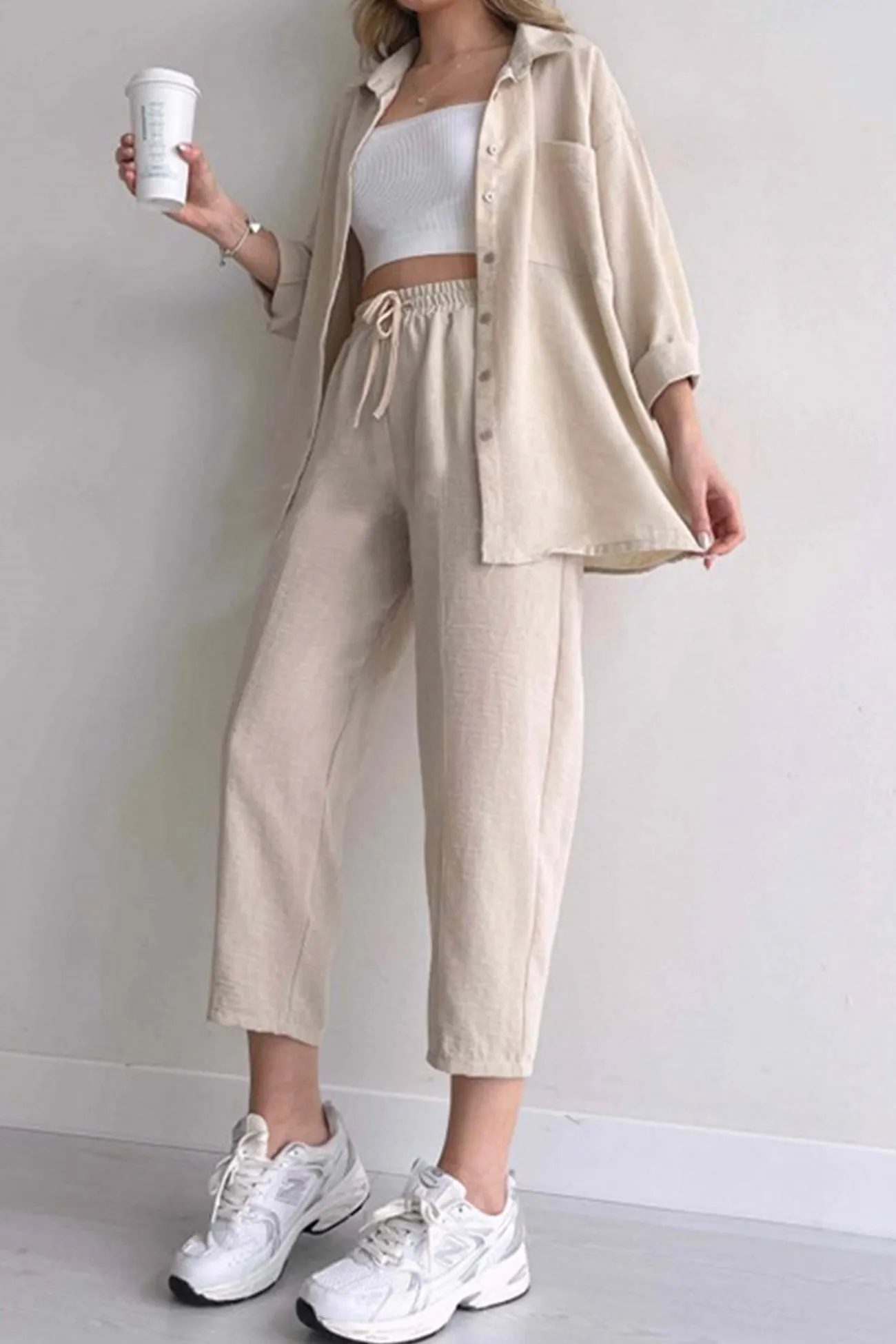 Maxct Long Sleeve Solid Color Shirt Long Pants Set - Image 12
