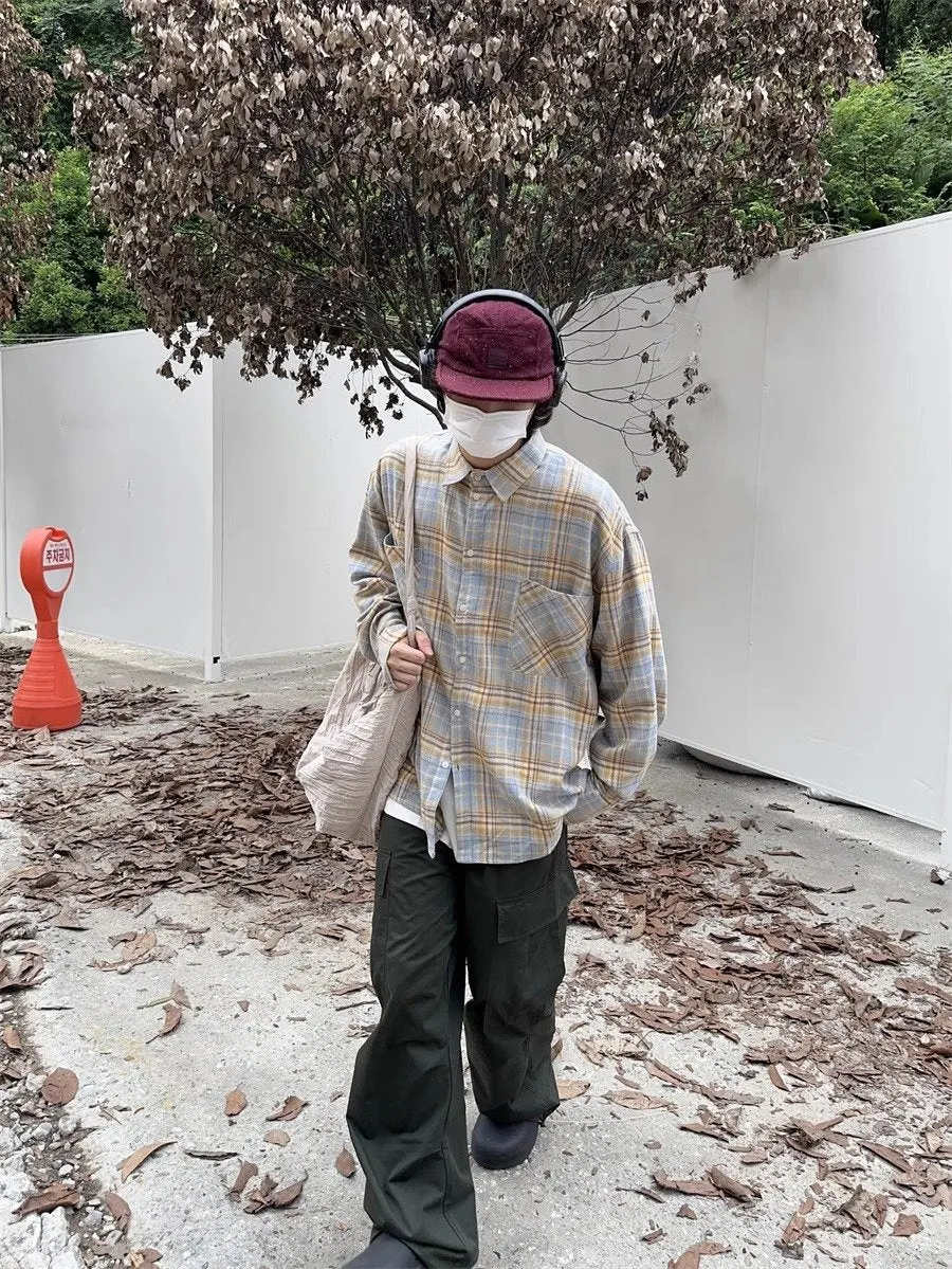 Maxct 90s Streetwear American Retro Plaid Shirt Men's Spring And Autumn New Loose Casual Lazy Style Long-sleeved Shirt All-match Coat Top
