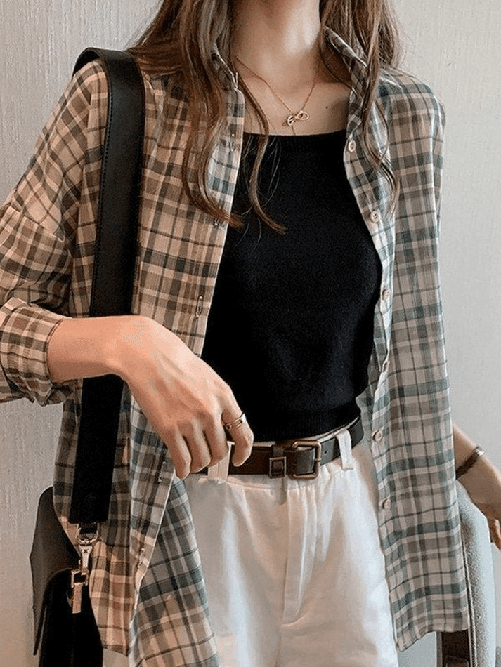 Maxct Vintage Checkered Long Sleeve Button Blouse