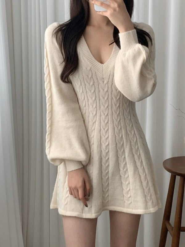 V Neck Cable Knit Long Sleeve Mini Dress Maxct