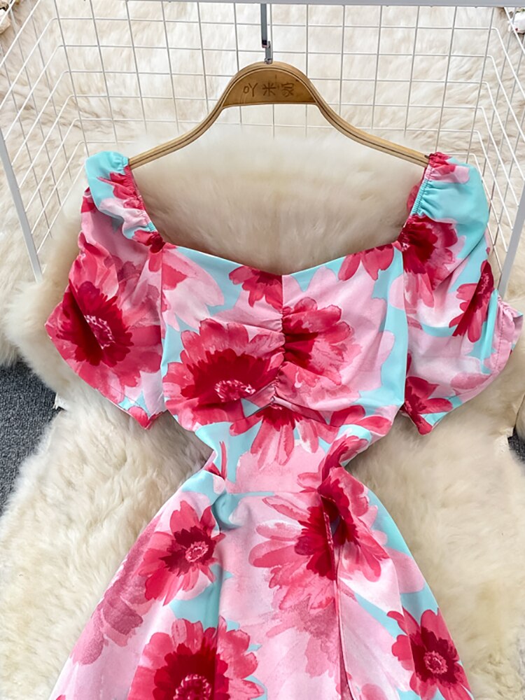 Vintage Women Printed Dresss Sexy Square Collar Short Puff Sleeve High Waist A-Line Vacation Beach Vestidos Female New