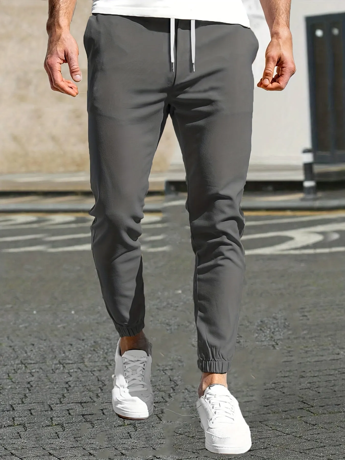 Maxct  Slim Pockets Classic  Trousers, Men's Casual Solid Color Lace-up Pants For Spring And Autumn