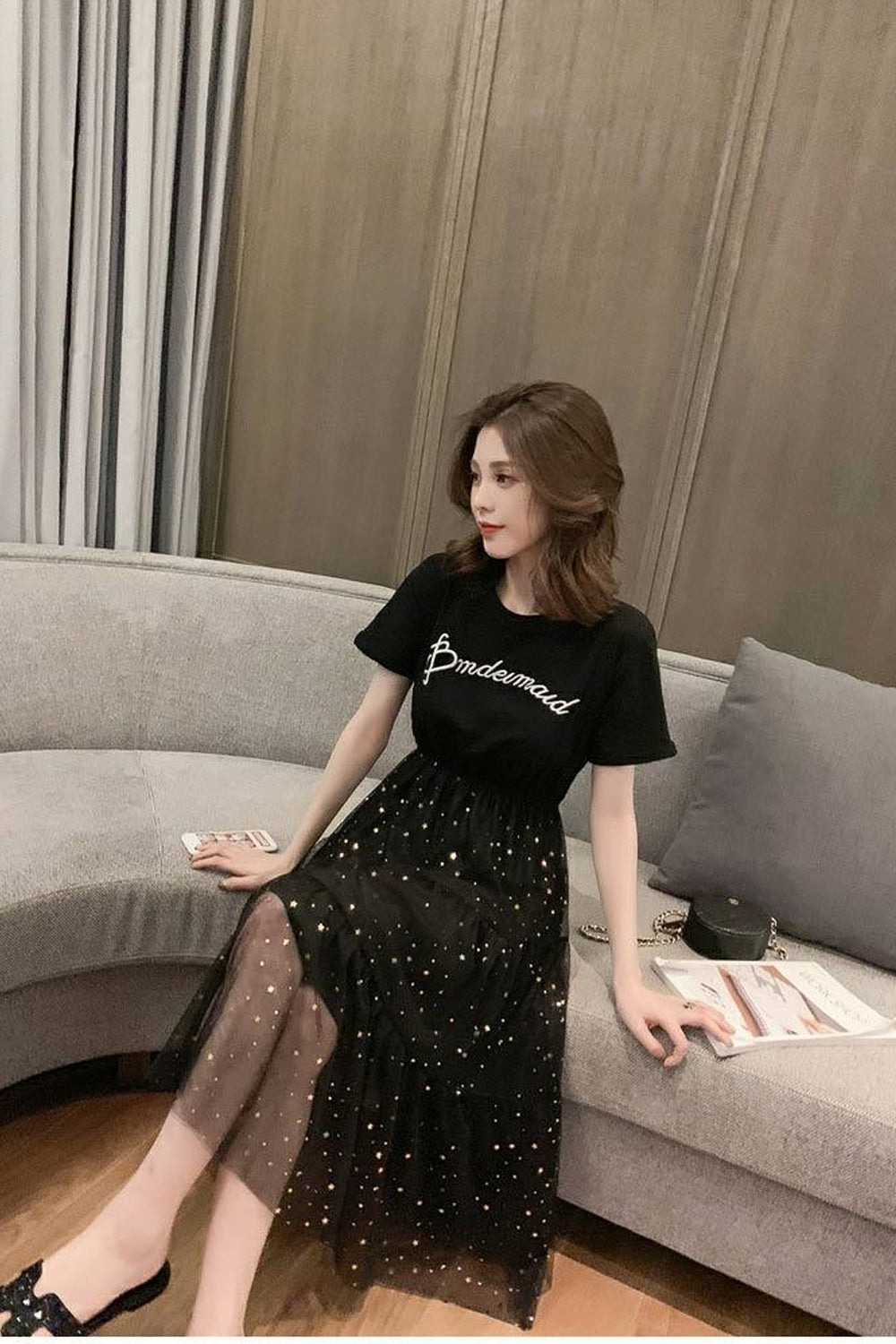 Loose O-Neck Casual Mesh Sequined Dress Maxct