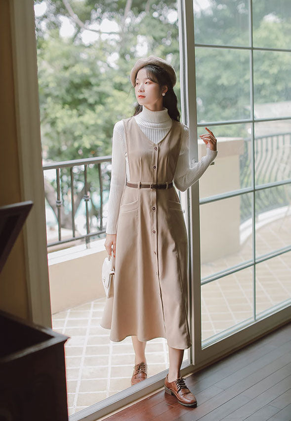 Button Up Suede Pinafore Dress Maxct