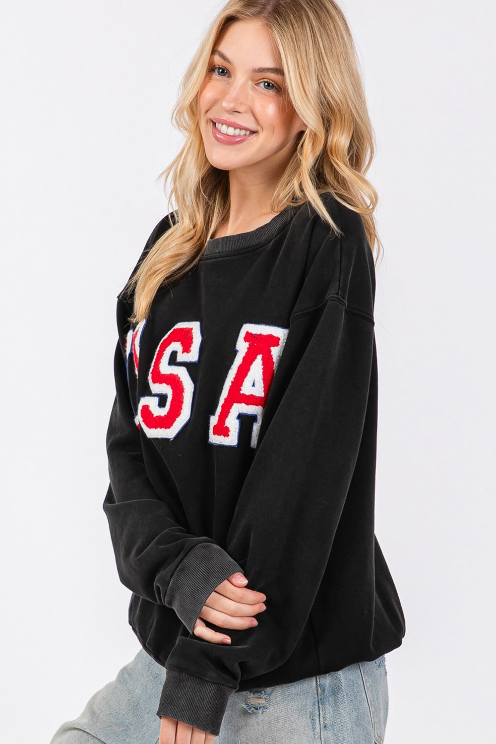 Maxct &SAGE + FIG USA Letter Patch Round Neck Sweatshirt