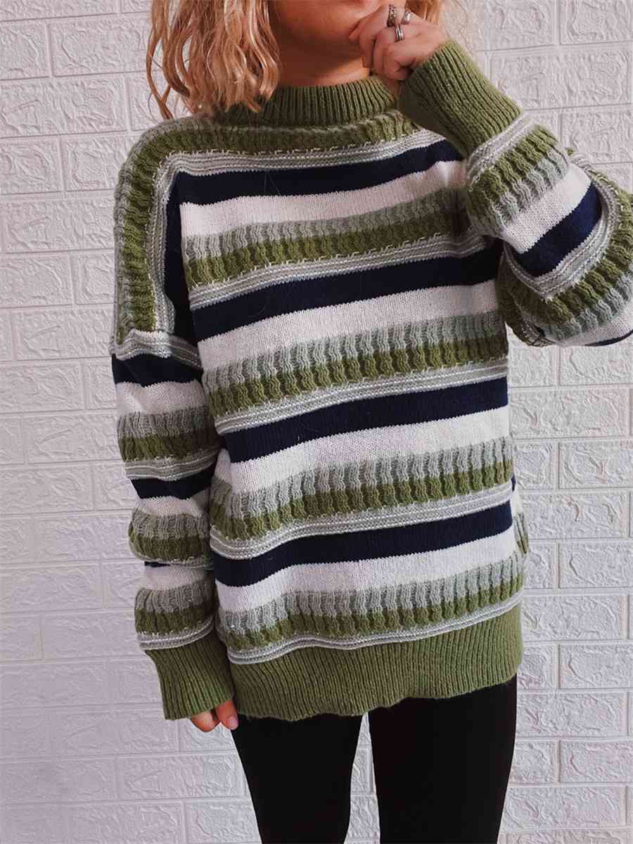 Maxct &Striped Drop Shoulder Round Neck Sweater
