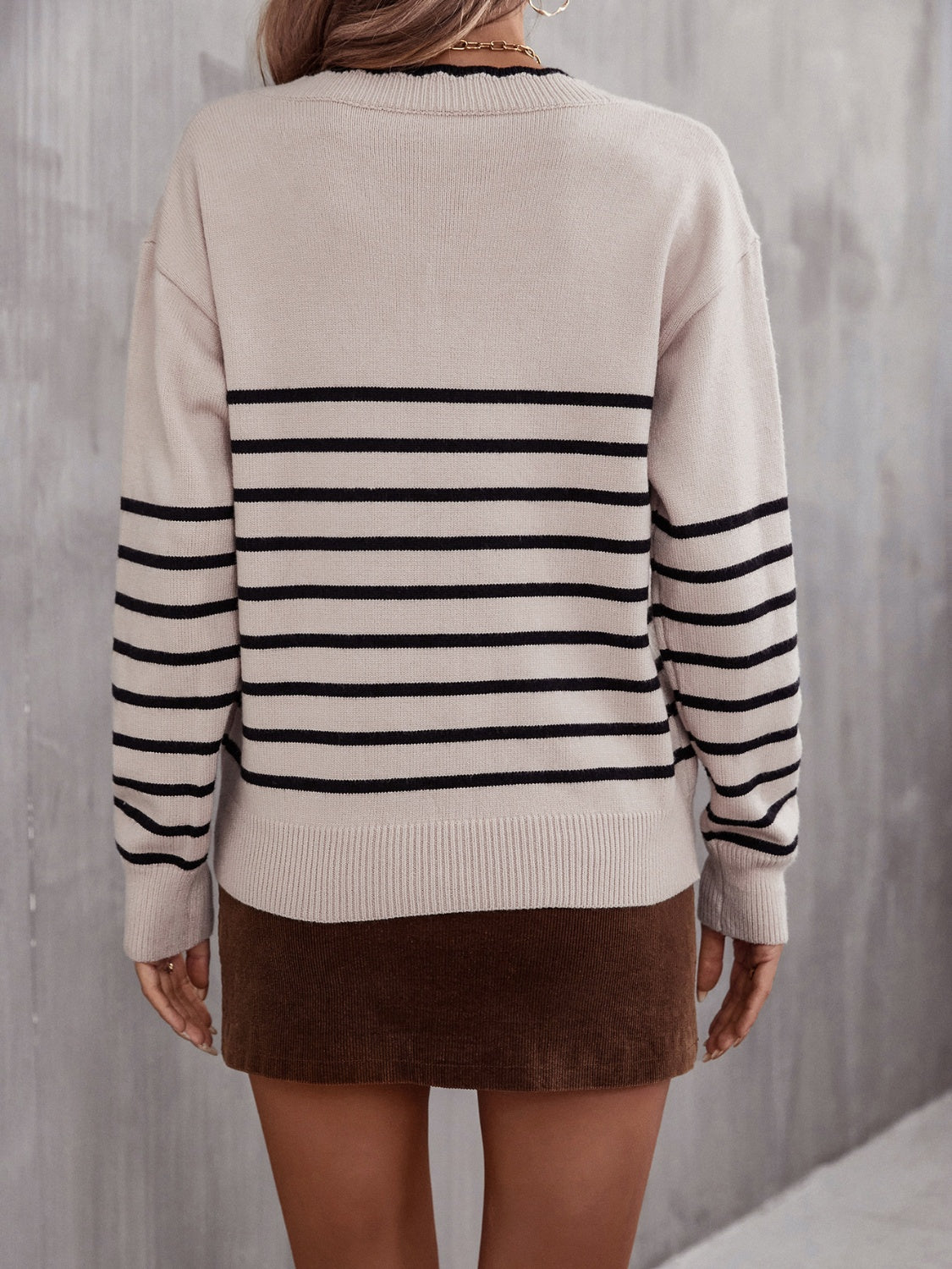 Maxct &Striped V-Neck Drop Shoulder Sweater