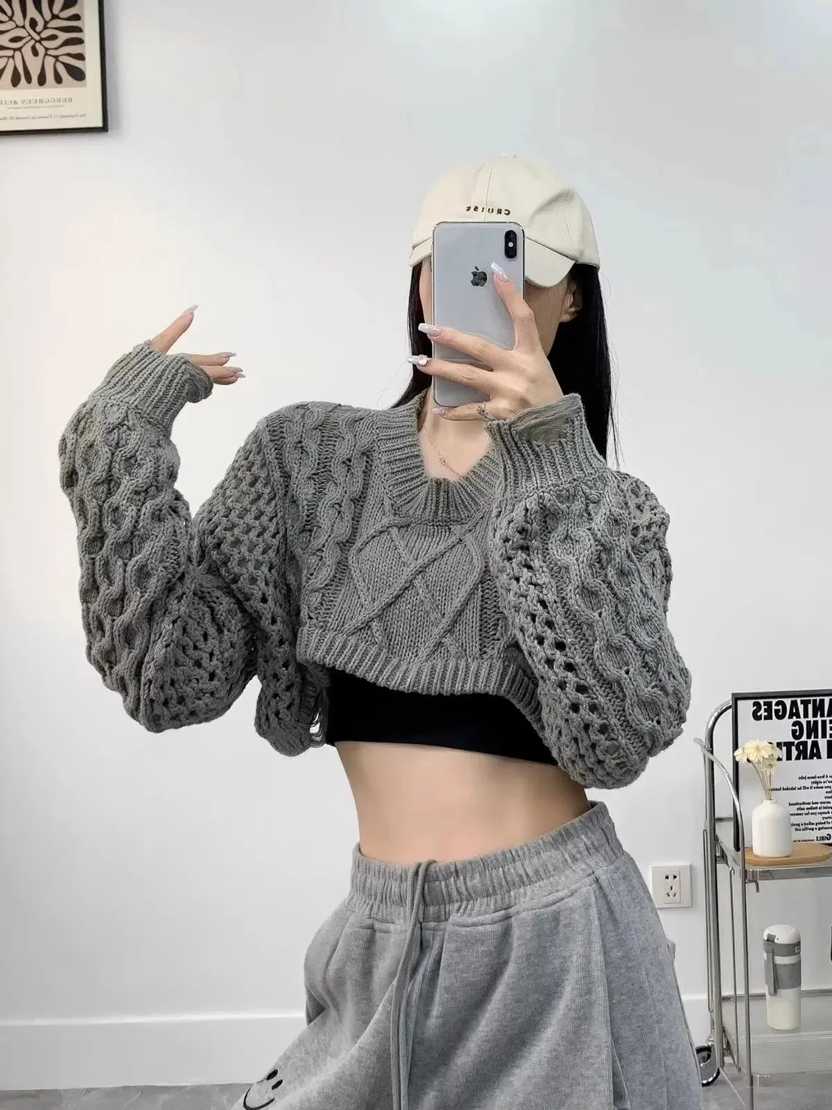 Maxct Sweater For Women Vintage Loose Casual Long Sleeve Knit Sweater Y2k Hollow Out Streetwear Top