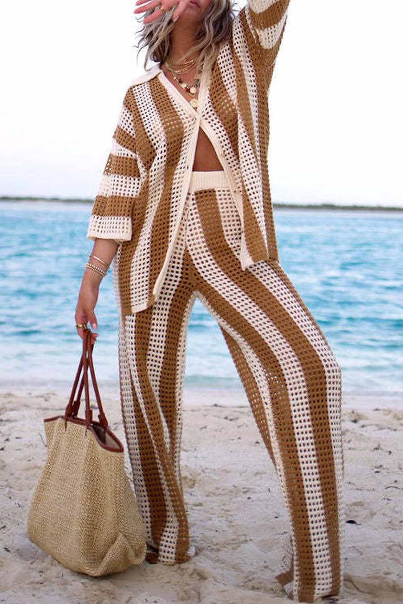 Maxct Contrast Stripe Hollow Long Pants Set