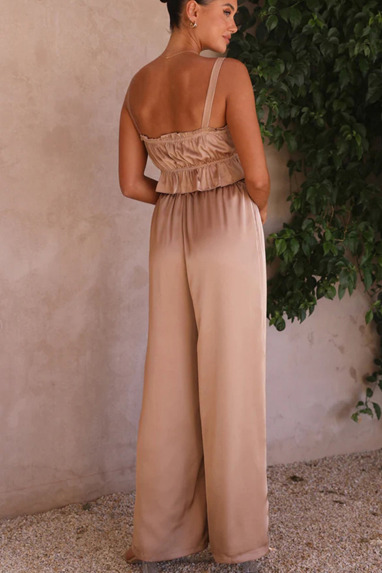 Maxct Smocked Ruffle Cami Crop Top Wide Leg Long Pants Set