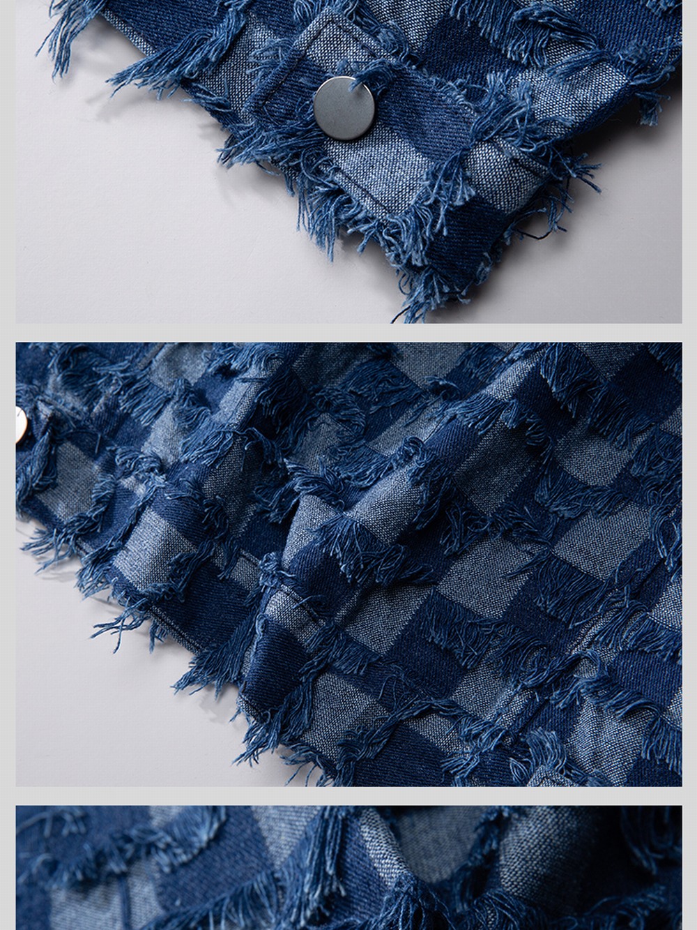 &Men's Retro Blue Plaid Tassel Denim Jacket