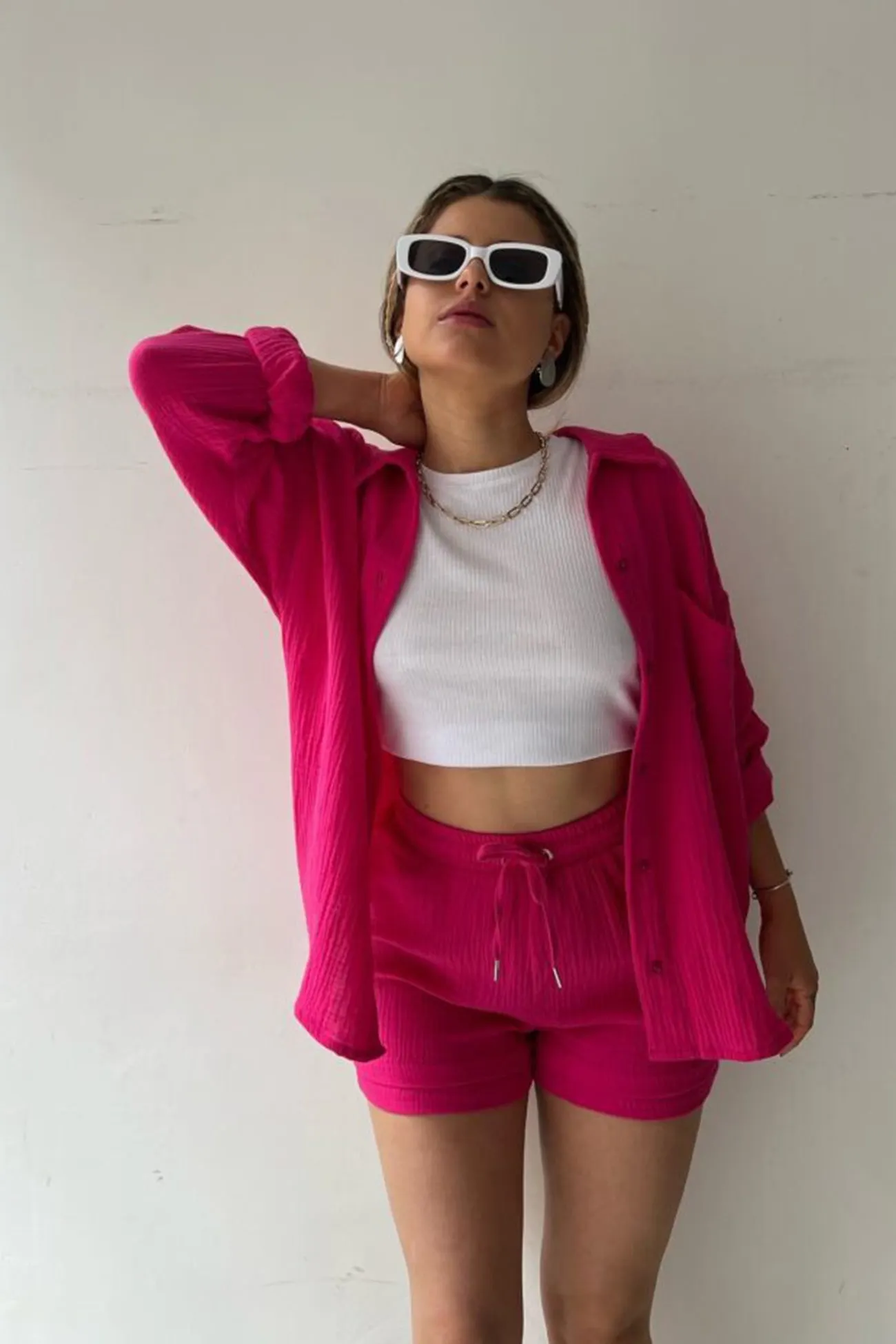 Maxct Long Sleeve Solid Color Shirt Shorts Set
