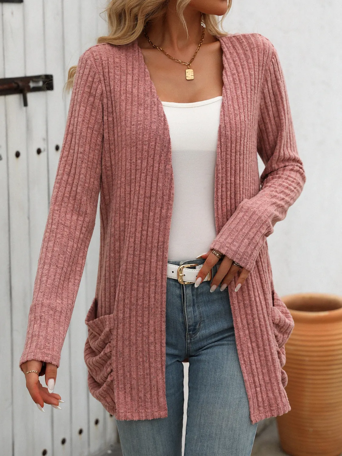 Maxct &Open Front Long Sleeve Ribbed Cardigan