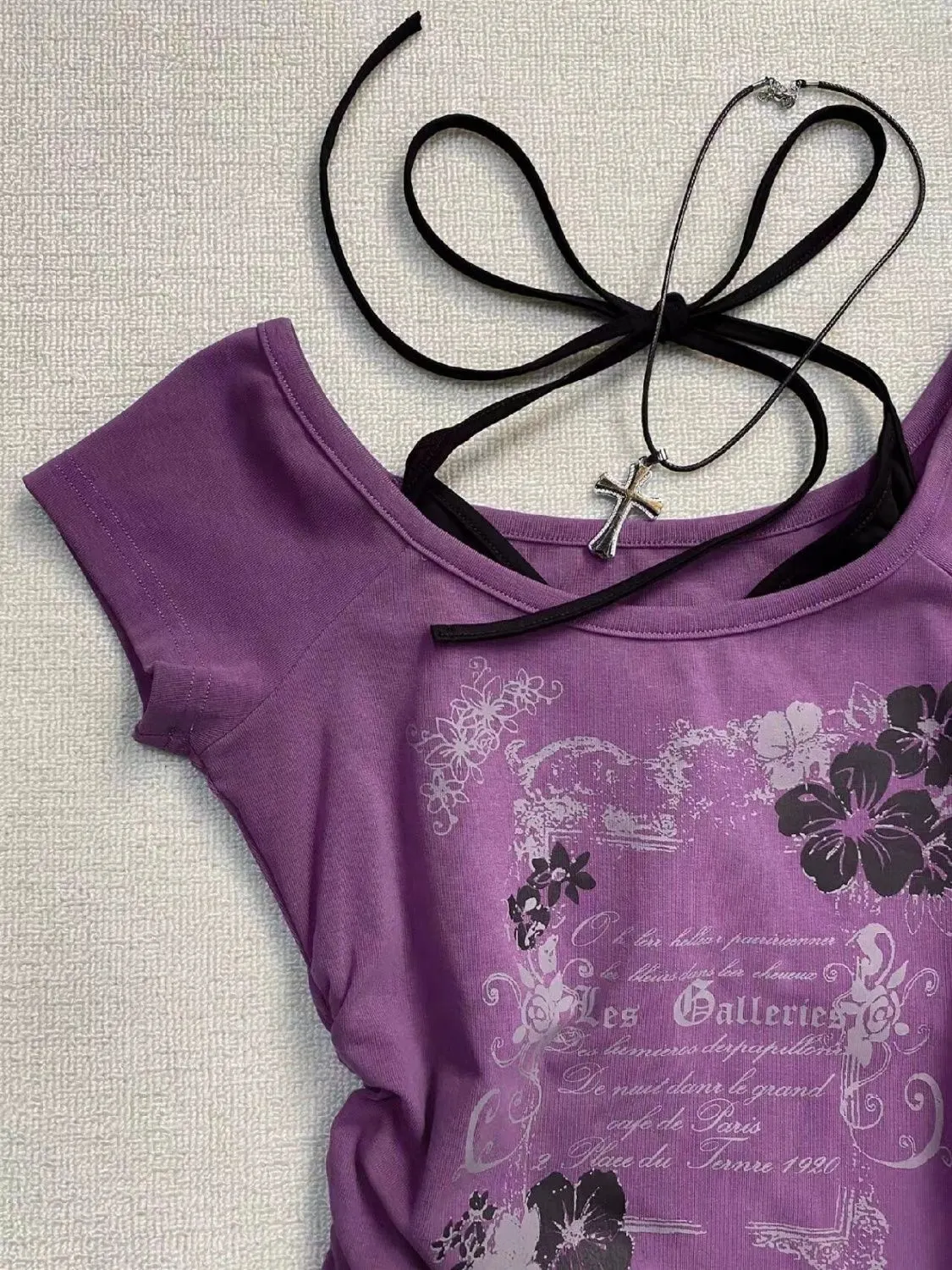 Retro Purple Halter Fake Two Piece Printed T-Shirt Women Y2K Streetwear Hot Girl Slim Fit Millennium Harajuku Fashion Casual Top
