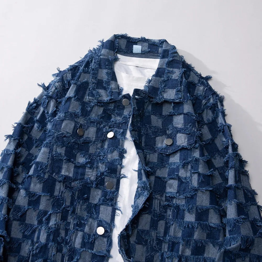 Maxct &Men's Retro Blue Plaid Tassel Denim Jacket