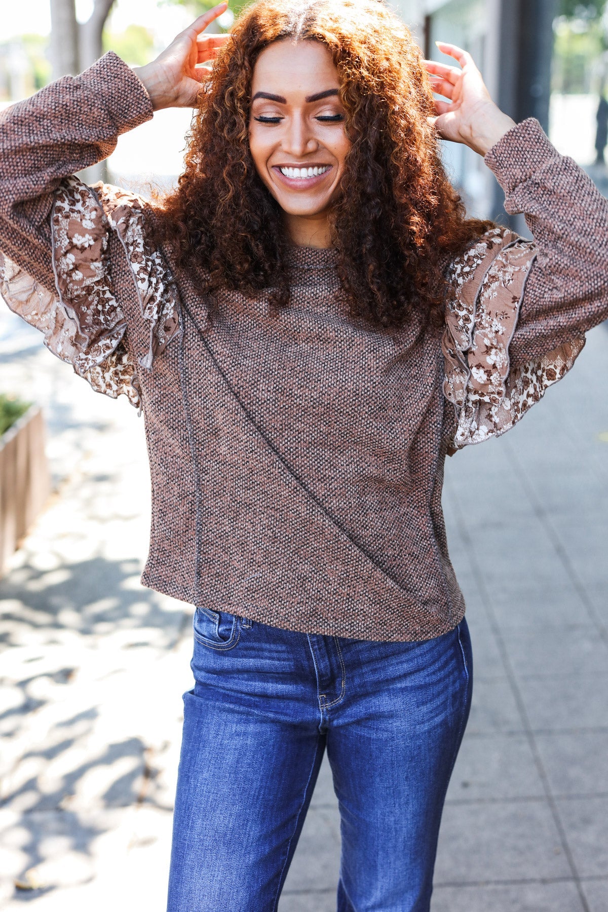 Maxct &Fall Diva Brown Two Tone Knit Floral Print Frill Detail Sweater