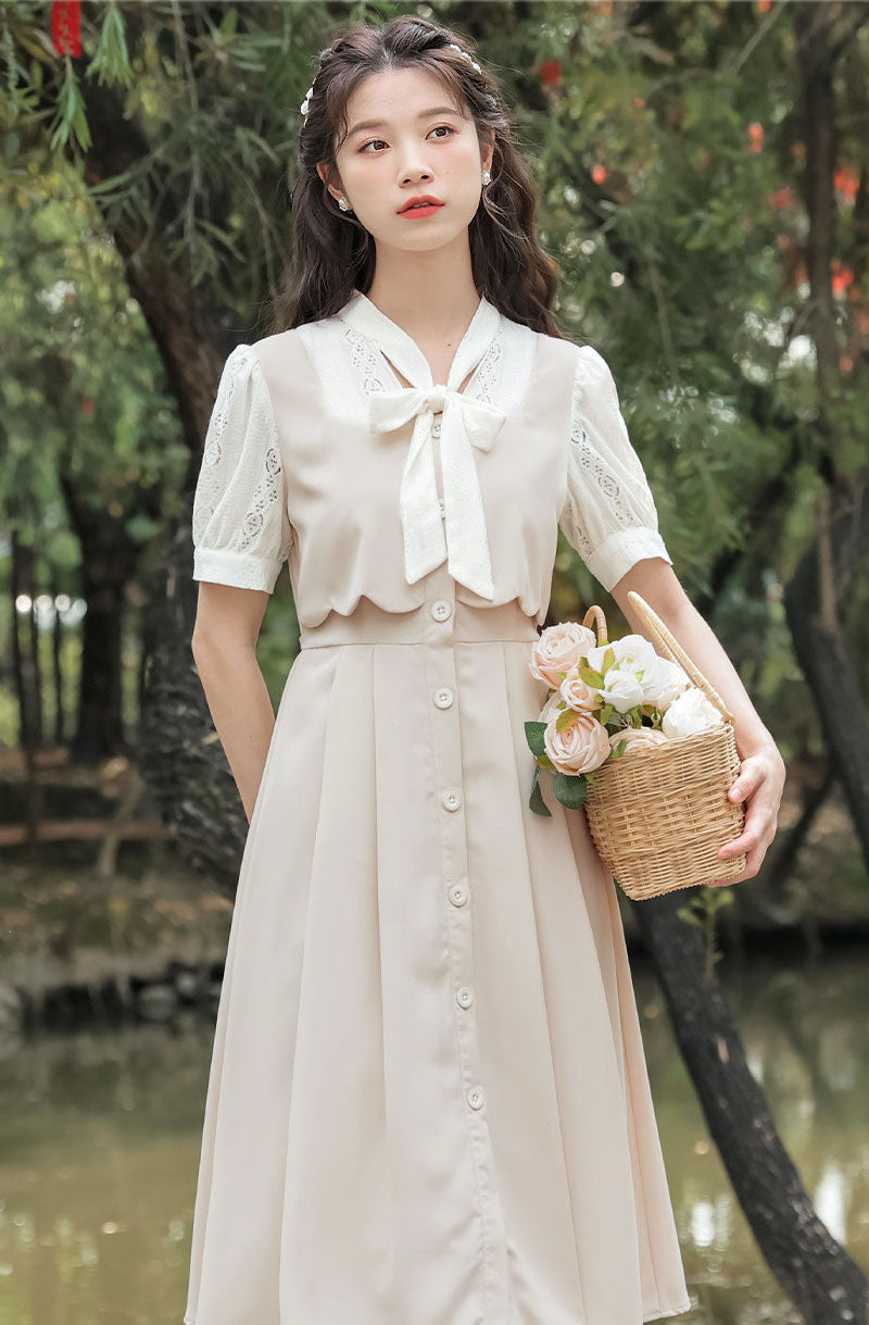 Button Up Tie Neck Twofer Midi Dress Maxct