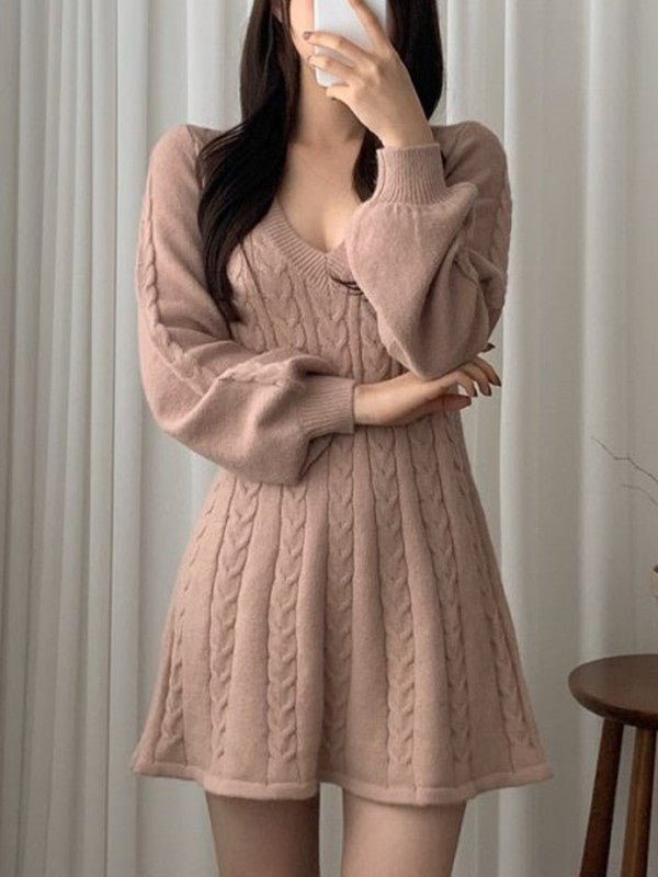 V Neck Cable Knit Long Sleeve Mini Dress Maxct