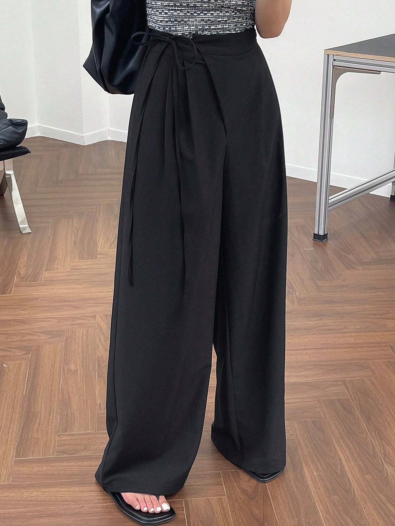 Maxct Solid Color Asymmetric Thin Strap Wide Leg Pants Women's Suit Trousers