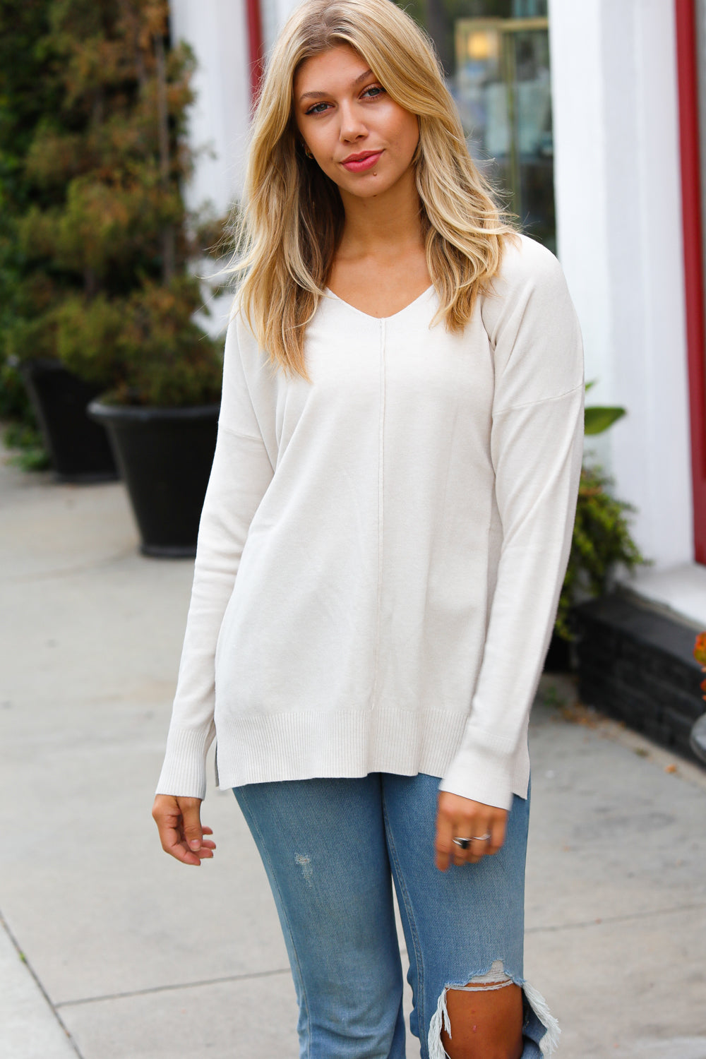 Maxct &Hello Beautiful Sand Front Seam V Neck Sweater