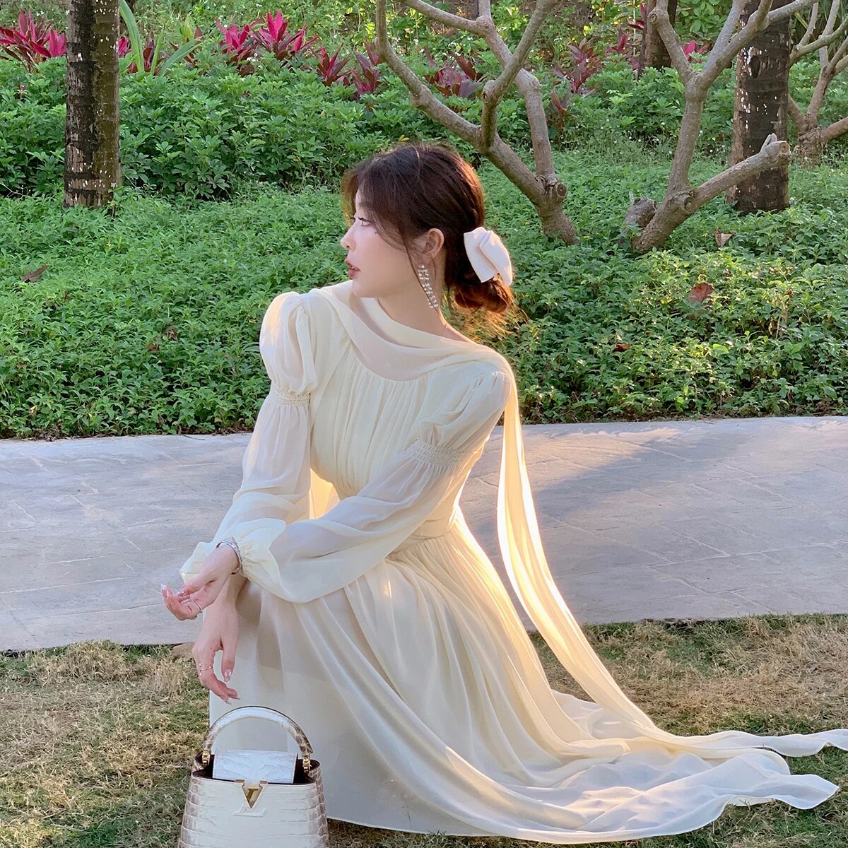Maxct French Chiffon Midi Dresses for Women Elegant Long Sleeve Slim Ruffle Dress Gentle Fairy Clothes Sweet Puffy Short Dress