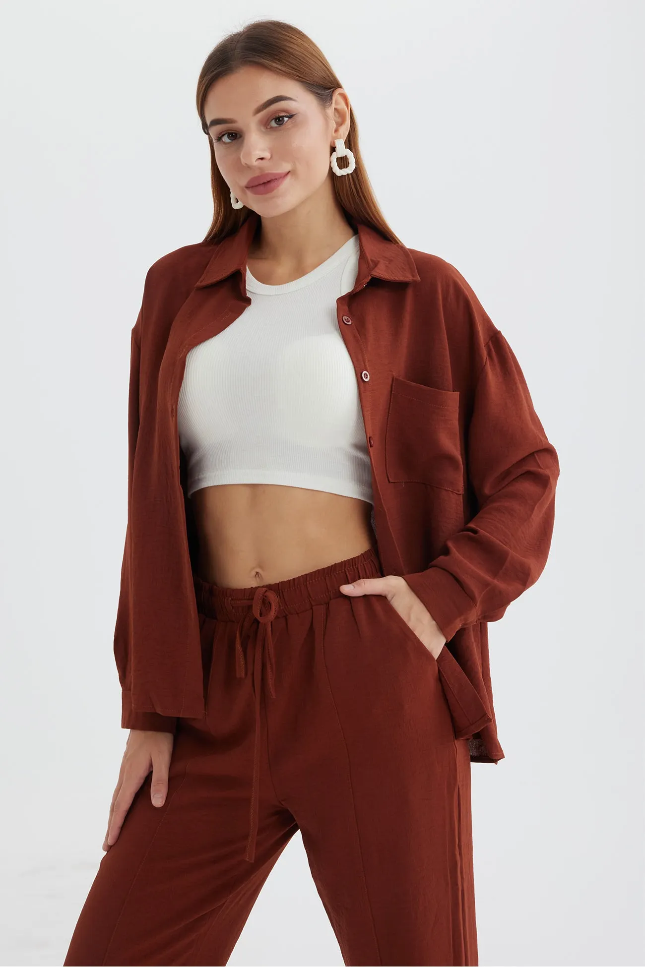 Maxct Long Sleeve Solid Color Shirt Long Pants Set - Image 22